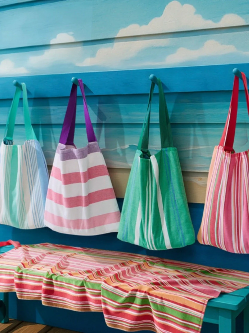 Striped 2-in-1 Beach Towel Tote - Blue, Teal, White